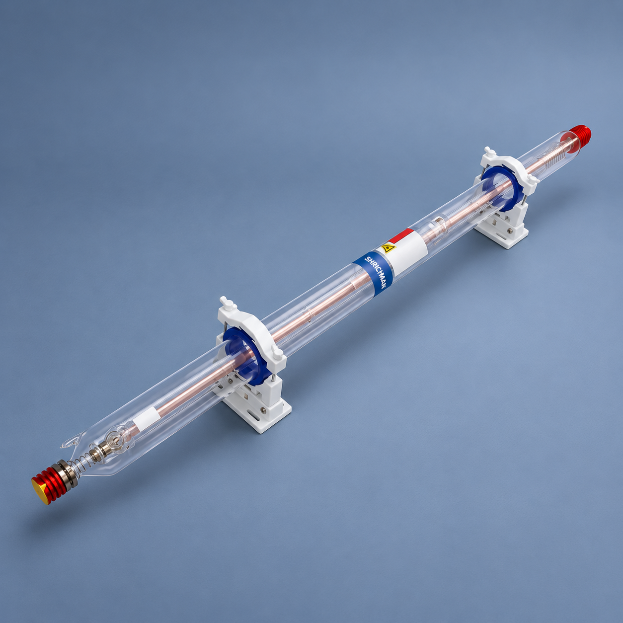SHRICHMAN CO2 laser tube on mounting brackets, angled view