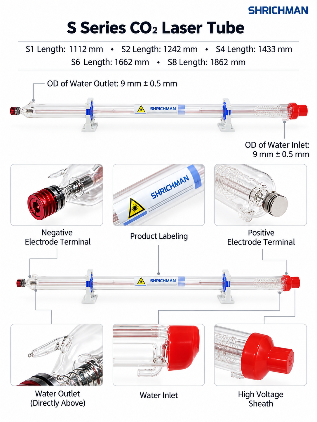 SHRICHMAN SH Series CO2 laser tube diagram showing tube lengths, water inlet and outlet OD, and electrode terminals