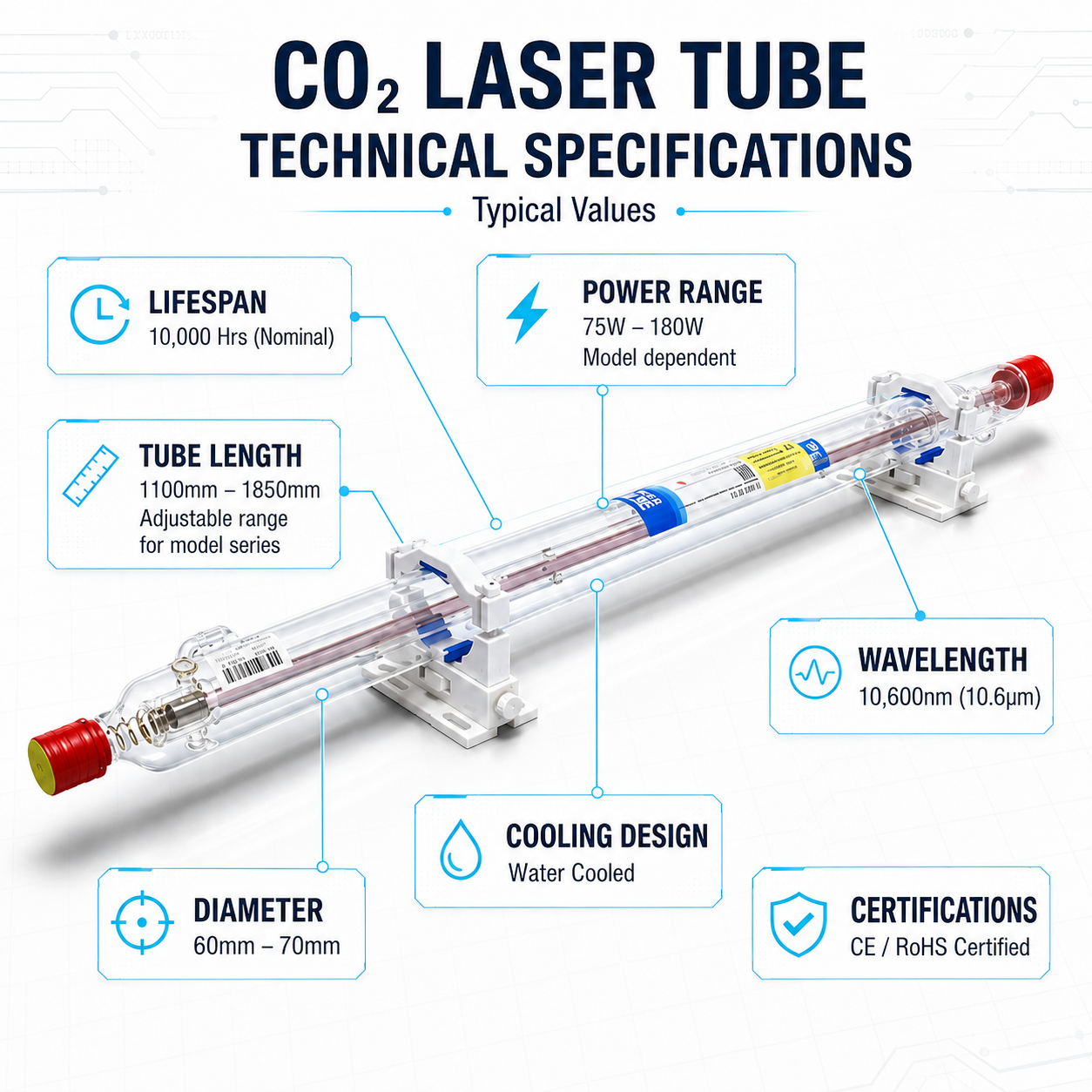CO2 laser tube typical values: lifespan, power range, tube length, diameter, wavelength, cooling design, certifications